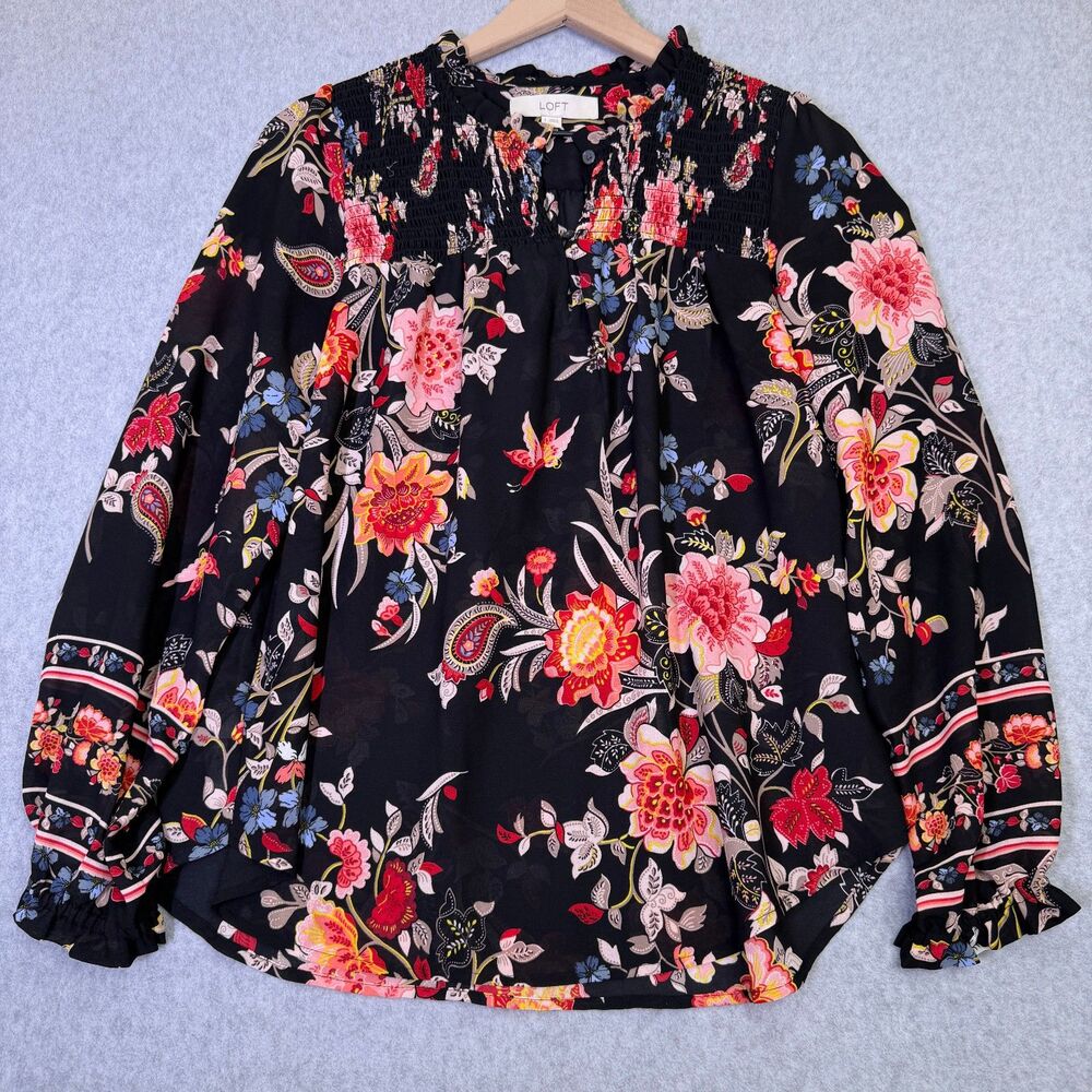 LOFT Floral Peasant Blouse Womens Small Boho Smocked Top Long Sleeve